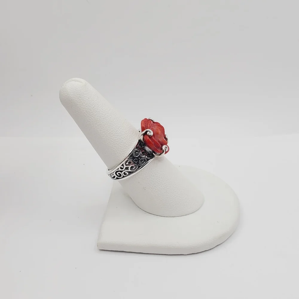 925 Sterling Silver Coral Ring Rose Ring Flower Ring Red Ring
